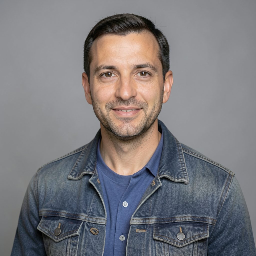 Professional headshot placeholder with a casual jacket against a neutral gray backdrop