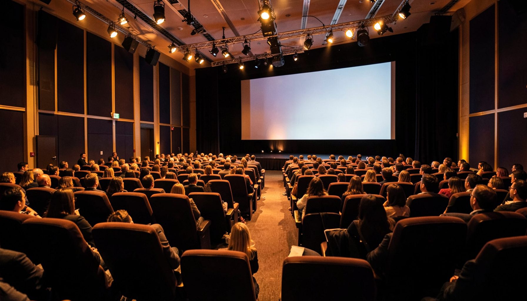 Conference hall interior with rows of seating, warm amber stage lighting, and a large presentation screen, dark navy and gold accents