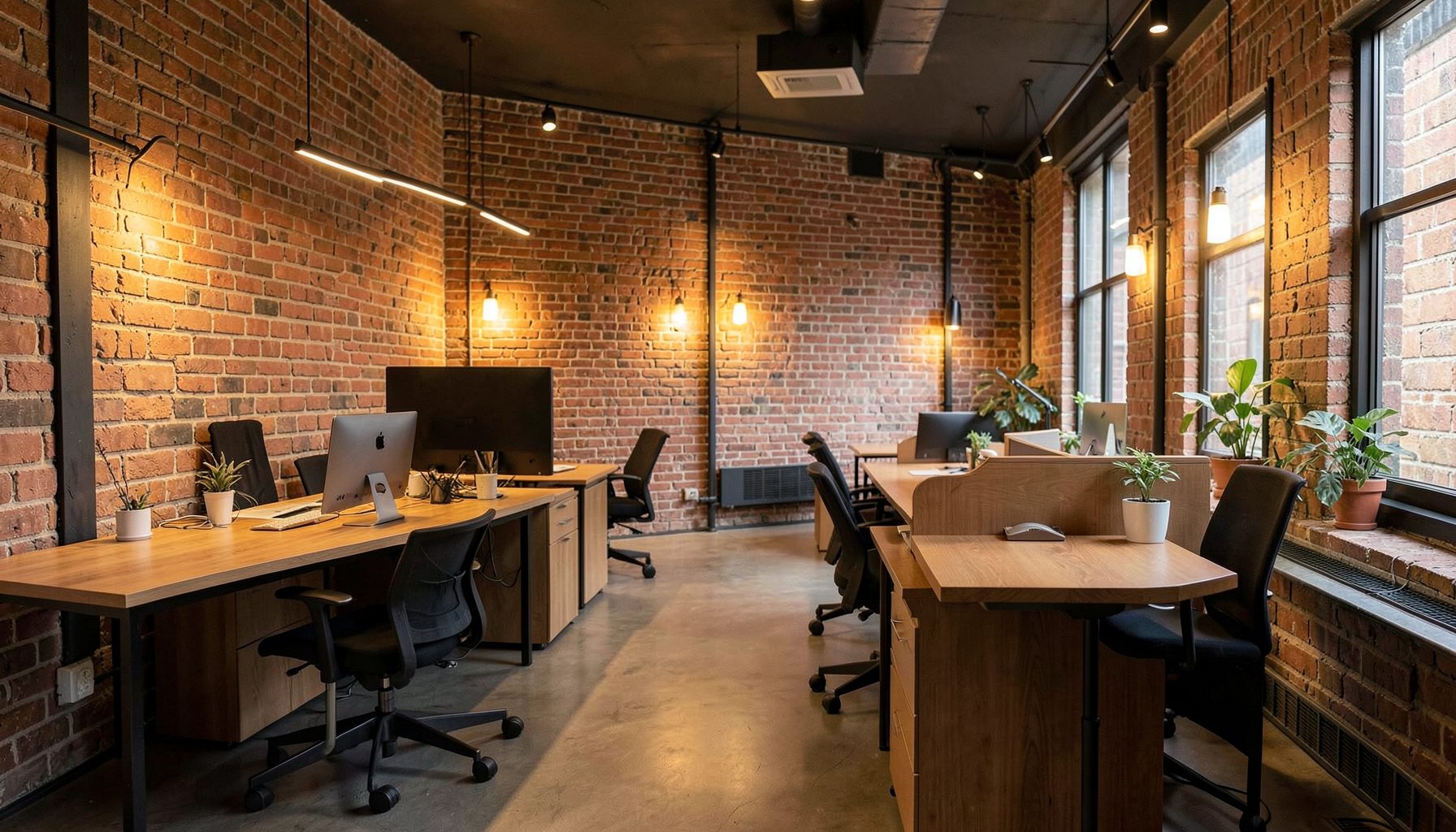 Warmly lit modern office interior with exposed brick walls, wooden desks, and soft amber lighting