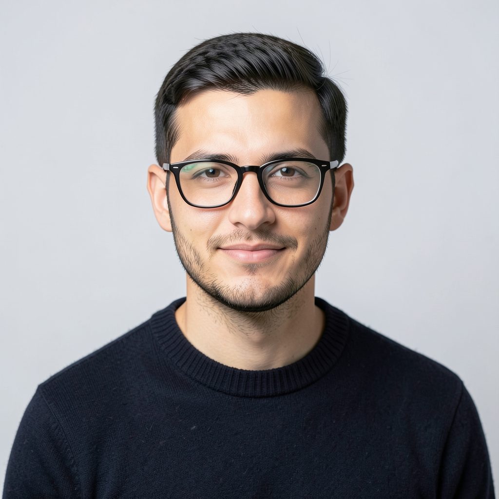 Professional headshot placeholder with glasses and a dark sweater against a clean studio background