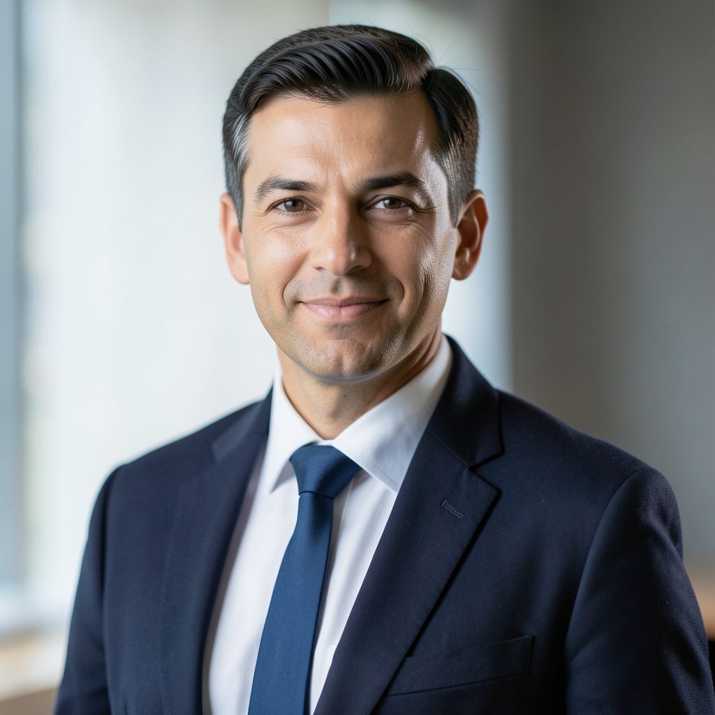 Professional headshot placeholder with a dark jacket against a softly lit background