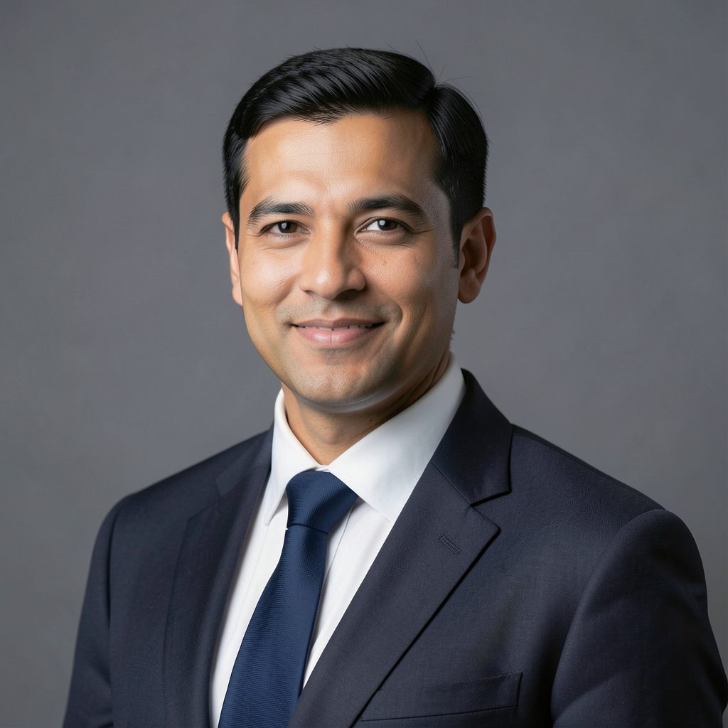 Professional headshot placeholder with a dark suit against a muted gray background