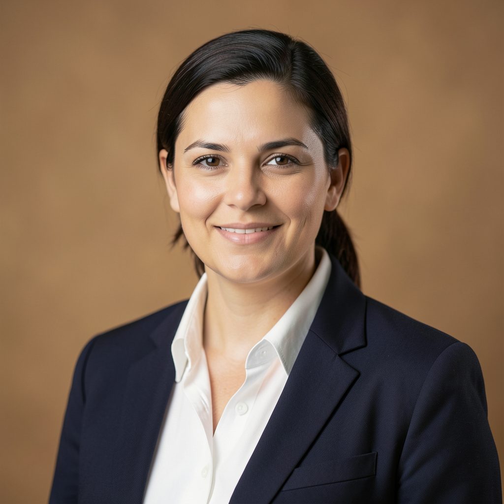 Professional headshot placeholder with a blazer against a warm-toned background