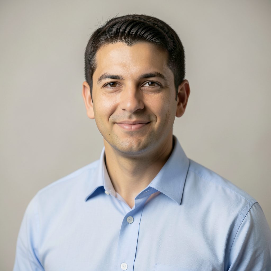 Professional headshot placeholder with a collared shirt against a soft neutral backdrop