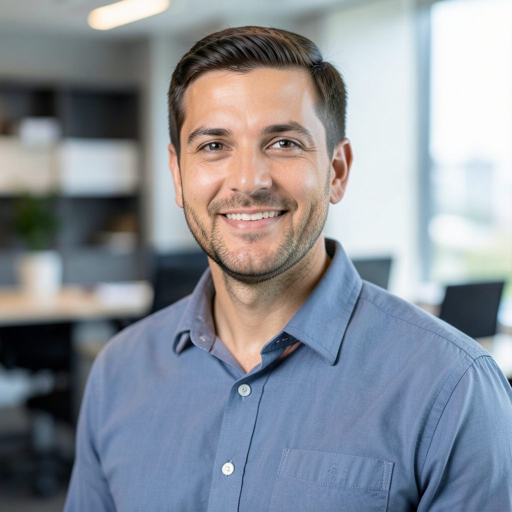 Professional headshot placeholder with a casual button-down against a blurred office backdrop