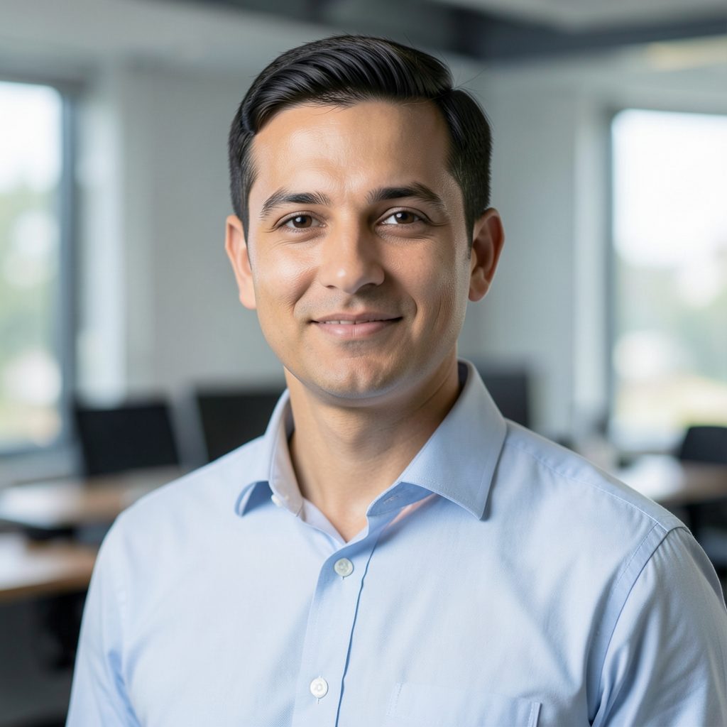 Professional headshot placeholder with a collared shirt against a muted office background